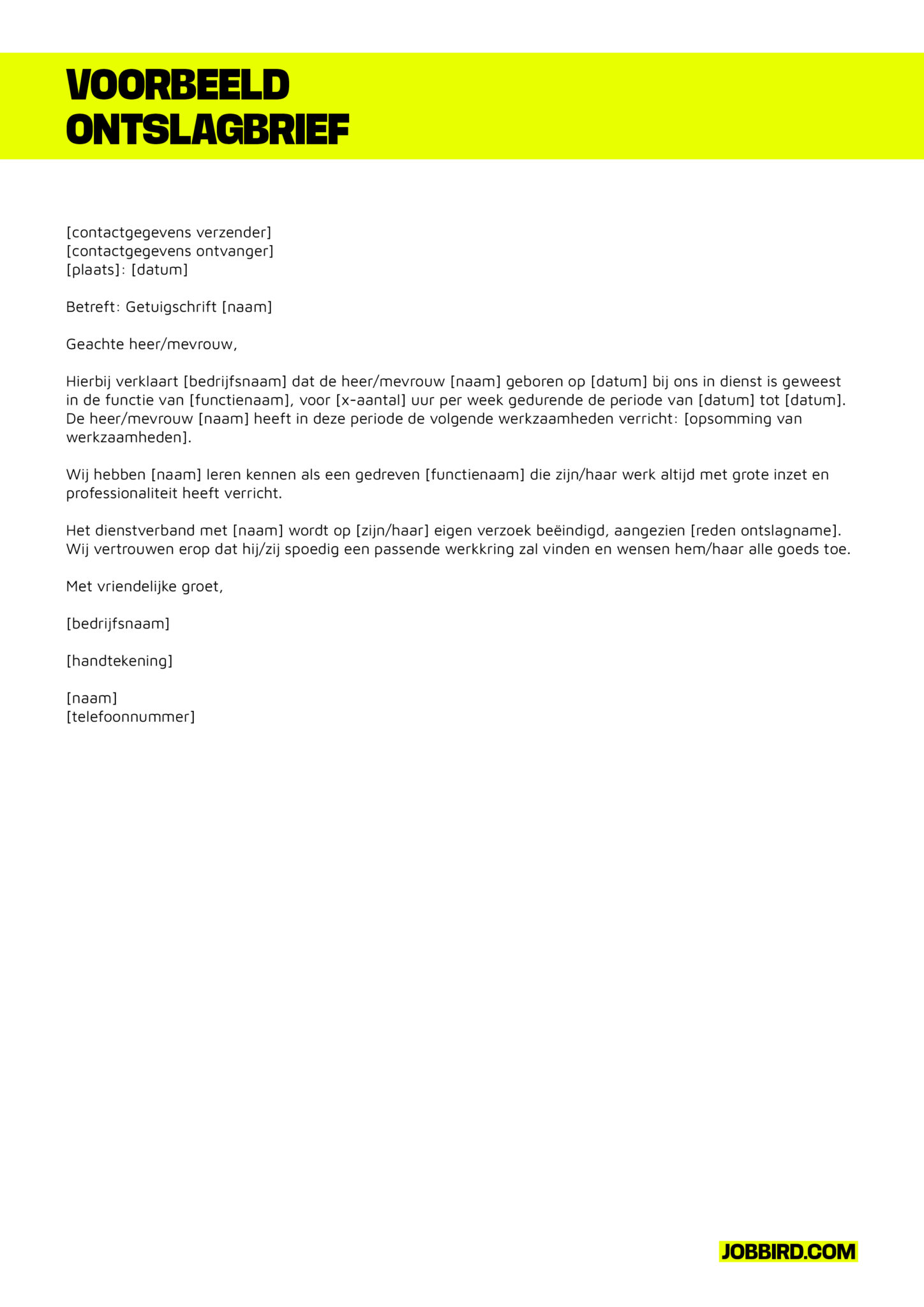 Voorbeeld Ontslagbrief Opzeggen BNZPIB