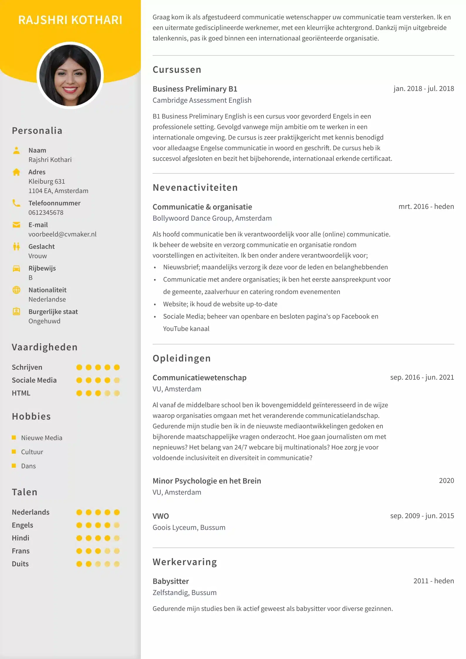 Cv Voorbeeld Student Persoonlijk Profiel Student Jobbird